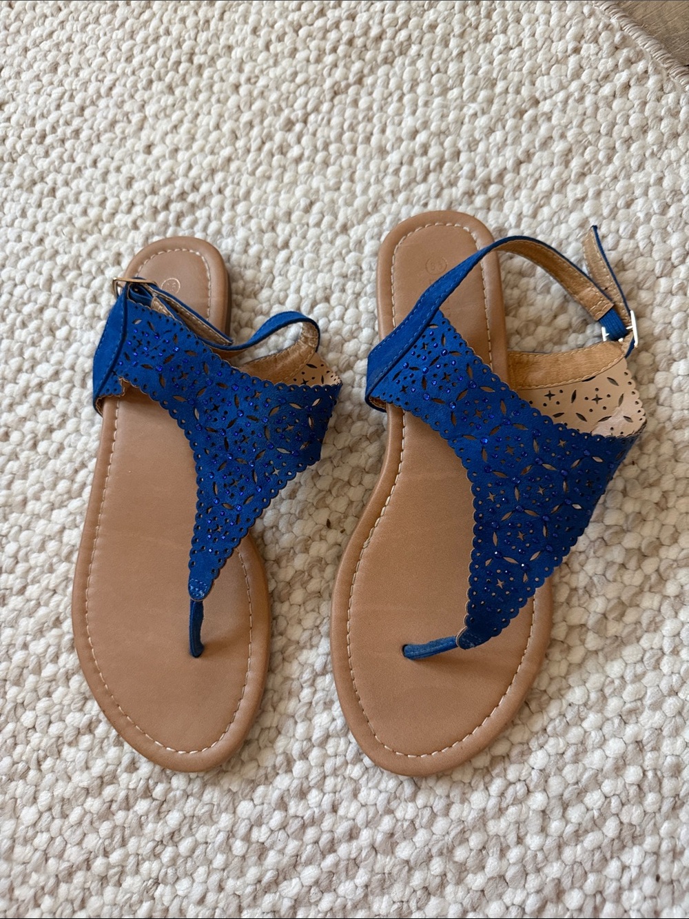 Dream Pairs Royal Blue Laser-Cut Thong Sandals with Ankle Strap